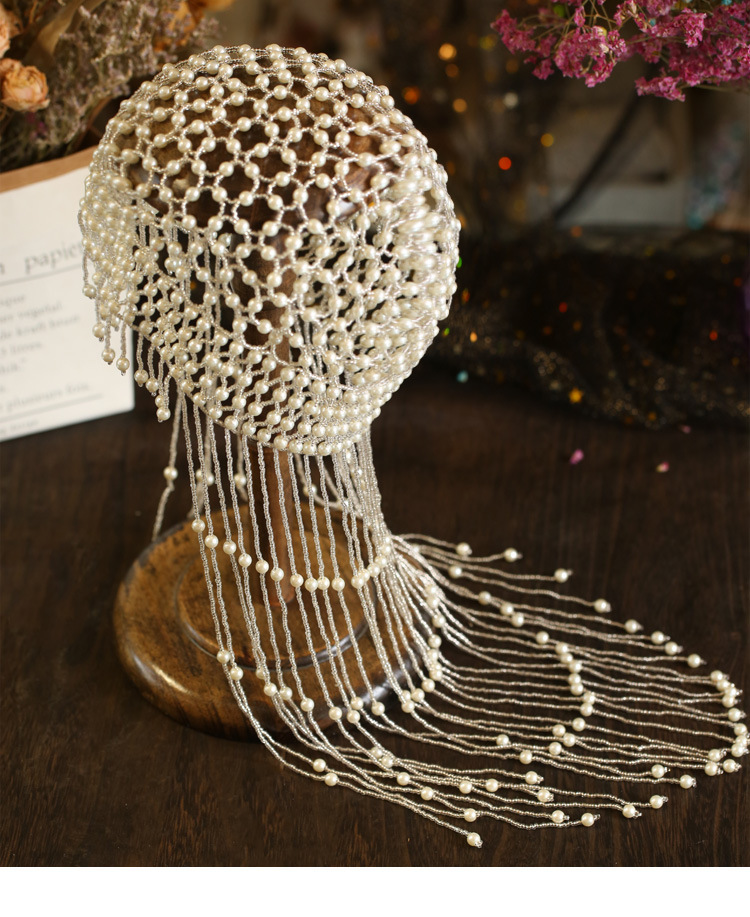 Bridal Hair Accessory Vintage Pearl Beaded Headpiece Handcrafted Crochet Design
